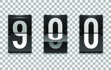Mechanical scoreboard vector template with 0; Flip countdown clock counter; White digit on black board with transparent shadow