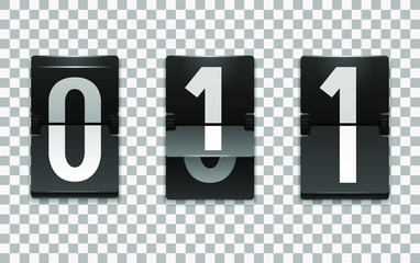 Mechanical scoreboard vector template with number 1; Flip countdown clock counter; White digit on black board with transparent shadow; Number one template 