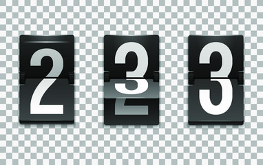 Mechanical scoreboard vector template with number 3; Flip countdown clock counter; White digit on black board with transparent shadow; Number three template 