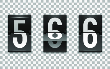 Mechanical scoreboard vector template with number 6; Flip countdown clock counter; White digit on black board with transparent shadow; Number six template 