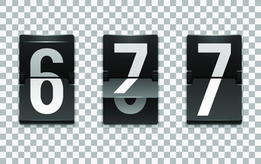 Mechanical scoreboard vector template with number 7; Flip countdown clock counter; White digit on black board with transparent shadow; Number seven template 