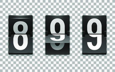 Mechanical scoreboard vector template with number 9; Flip countdown clock counter; White digit on black board with transparent shadow; Number nine template 