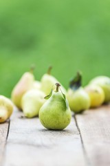 Pear fruit isolated on wooden table. Pears background