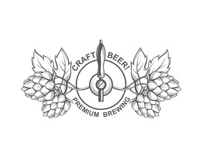 black emblem of beer tap and hops for brewing