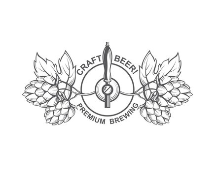 black emblem of beer tap and hops for brewing