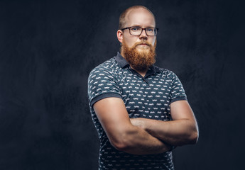 Portrait of a redhead bearded male dressed in a t-shirt posing with crossed arms. Isolated on dark...
