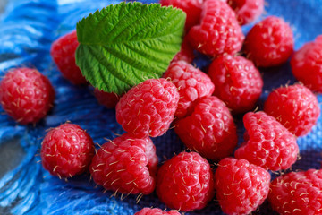 Berries of ripe raspberries on a blue background. Macro.