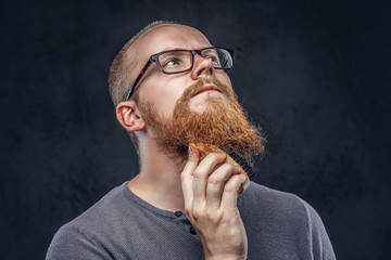 Close up portrait of a redhead bearded male wearing glasses dressed in a gray t-shirt, cares about...