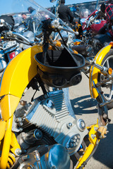 Fototapeta na wymiar Opening of the motor season MAY 2018. Chelyabinsk. Motorcycles stand in a row under the sun in the square.