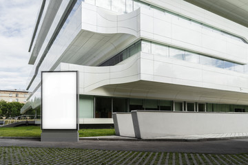 Blank white banner next to white modern building. 3d rendering