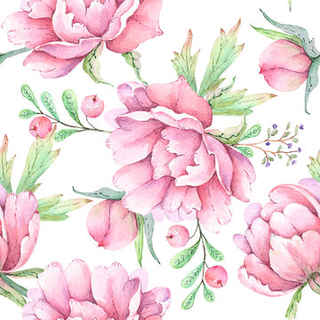 seamless pattern watercolor drawings flowers and buds peonies on white background