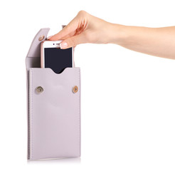 Female bag for mobile phone smartphone in hand on white background isolation