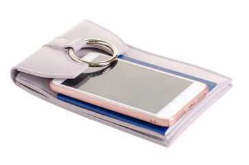 Female bag for documents and mobile phone passport on white background isolation