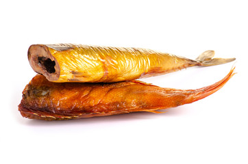 Smoked fishes perch mackerel on white background isolation