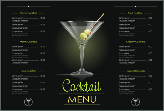 Martini glass. Cocktail menu concept design for alcohol bar.