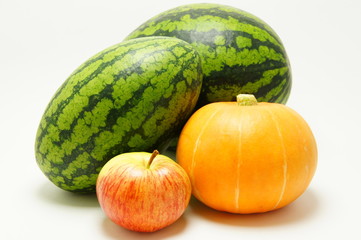 Watermelons, pumpkin and apple.