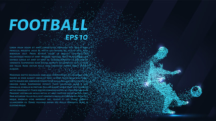 Football of the particles carries in the wind. Silhouette of a football player from circles