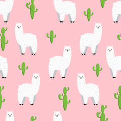 Cute lama, doodle vector illustration. Collection of cartoon characters, stickers, patches. Seamless background, wallpaper, pattern, texture