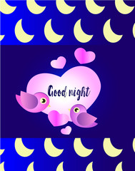 cute greeting card with birds and pink hearts on a blue gradient background with moon pattern. Idea for children's metrics