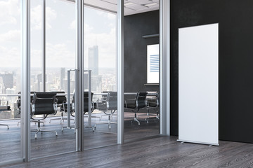 Close up of blank white roll up in modern office, 3d rendering