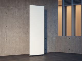 Blank white roll up with concrete walls on background, 3d rendering