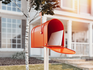 Orange mail box with big house on background, 3d rendering - Powered by Adobe