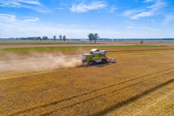 Obraz premium Drone view of harvester combine working on field.