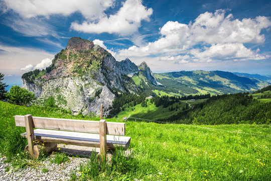 Fototapeta Beautiful summer landscape of Switzerland with Grosser Mythen mountain and green meadows, Ibergeregg, Switzerland, Europe