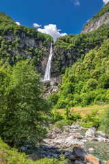 Foroglio waterfall with Swiss Alps in canton Ticino, Bavona valley, Switzerland, Europe