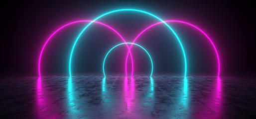 Futuristic Sci Fi Glowing Neon Shapes Blue And Purple Colored In Dark Room With Concrete Floor 3D Rendering