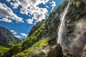 Foroglio waterfall with Swiss Alps in canton Ticino, Bavona valley, Switzerland, Europe