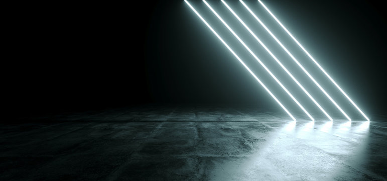 Futuristic Sci Fi White Neon Glowing Line Lights In Empty Dark Room With Concrete Floor WIth Reflections And Empty Space For Text 3D Rendering