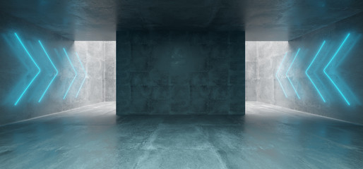 Empty Underground Concrete Corridor Room With Arrow Neon Blue Glowing Signs  3D Rendering
