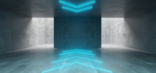 Empty Underground Concrete Corridor Room With Arrows Neon Blue Glowing Signs In Middle 3D Rendering