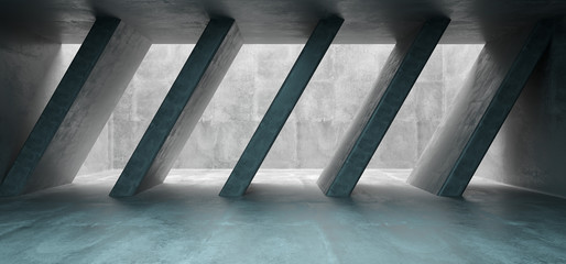Empty Concrete Room With Ceiling Hole Shining Light Through It And Concrete Columns Inside With Blue Light At Background 3D Rendering