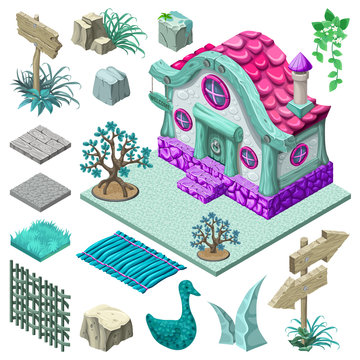 3d isometric building for computer games. Cottage and collection icons create landscape design. Vector cartoon illustration.