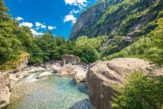 Bavona river with Swiss Alps in canton Ticino, Bavona valley, Switzerland, Europe