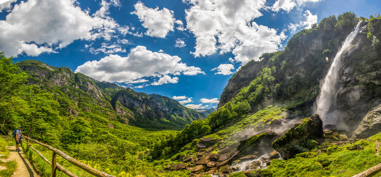 Foroglio waterfall with Swiss Alps in cantonTicino, Bavona valley, Switzerland, Europe