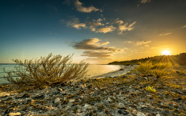 sunset over a cuban bay on a stony beach with tropical plants and a colorful sky