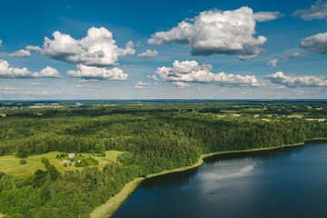 Drone aerial view of lake and forest