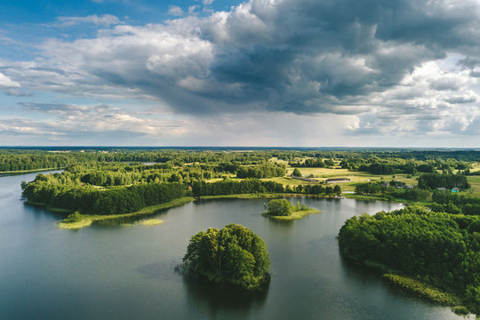 Drone aerial view of lake and forest
