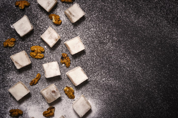 Turkish delight with walnut, top view.
