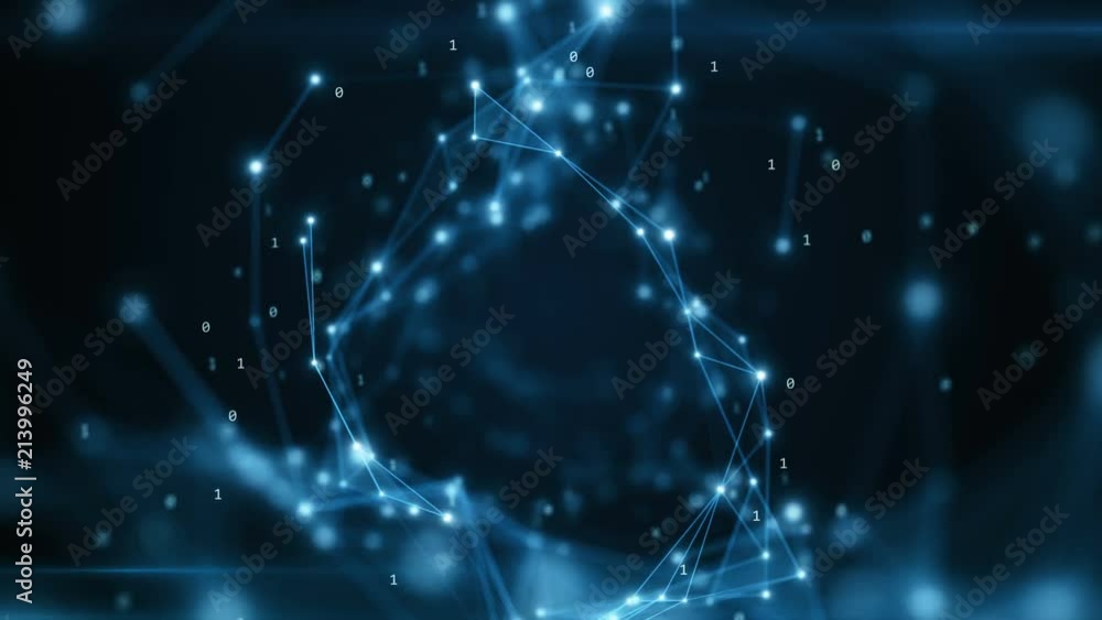 Poster binary code flying in an abstract technological tunnel with a geometric surface