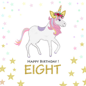 Eighth birthdhay greeting. Eight. Magical Unicorn Birthday invitation. Party invitation greeting card