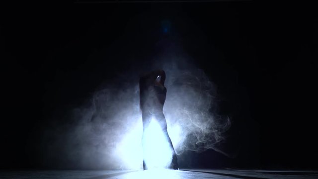 Girl dances erotic movements. Black smoke background. Silhouette