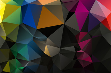 Multicolor background of triangles. Bright colors, dark abstract background