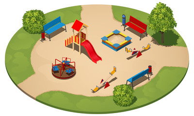 Детская площадка на круглой полянке среди травы, с тремя тропинками, изометрический векторный рисунок
