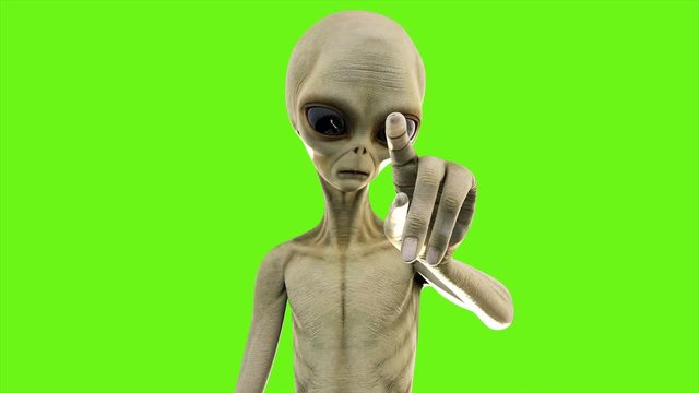 Alien presses the button. Loopable animation on green screen. 4k.