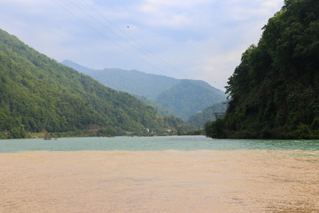View of confluence of two mountain rivers Adjaristskali and Chorokh in Adjara, Georgia
