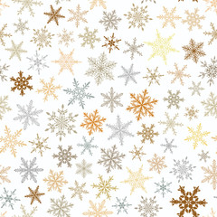 Christmas seamless pattern of snowflakes, brown and gray on white background.